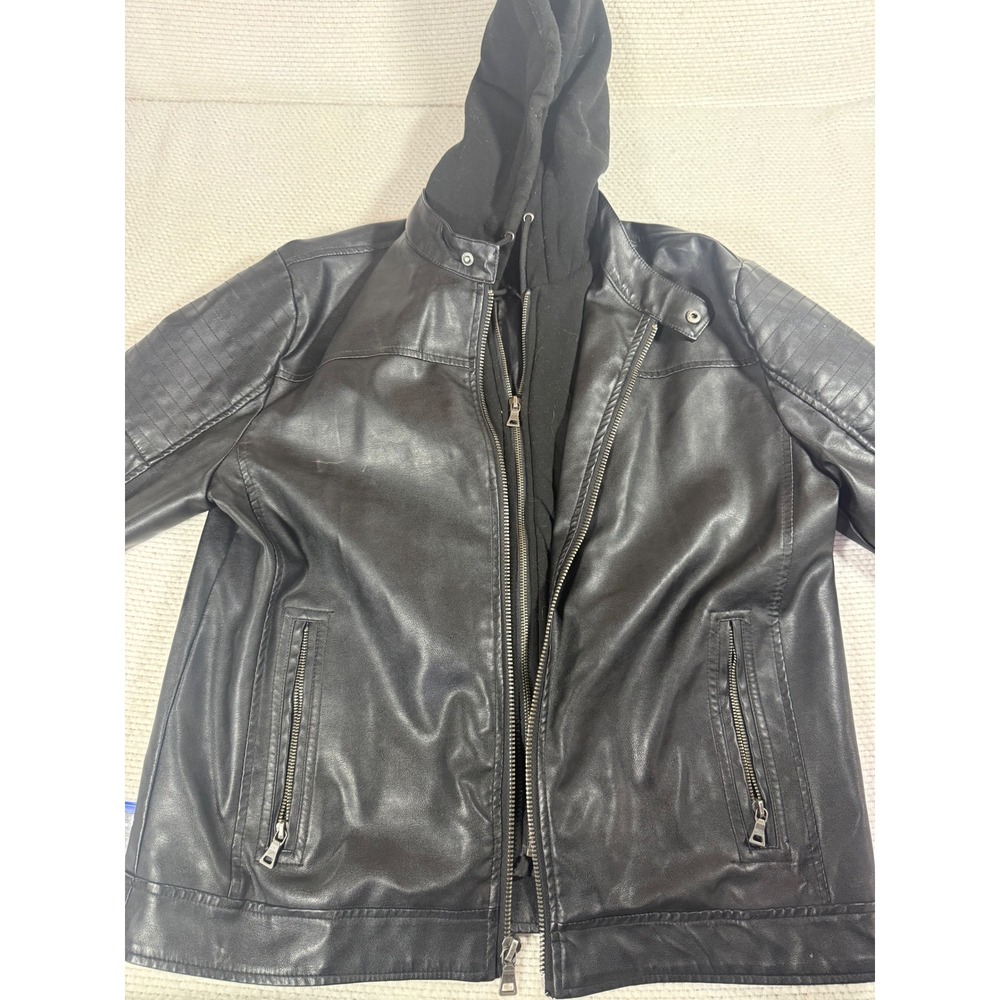 Forever 21 Men Black Faux Leather Moto Jacket with Layered Hood Size Large